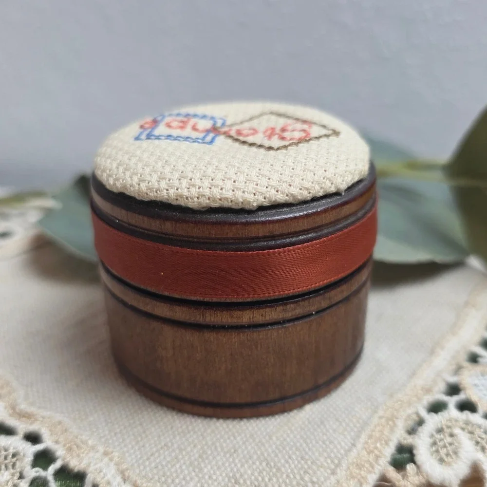 Vintage Wooden Stamp Box Cross Stitched Lid Round‎ Dark Wood Desk Organizer